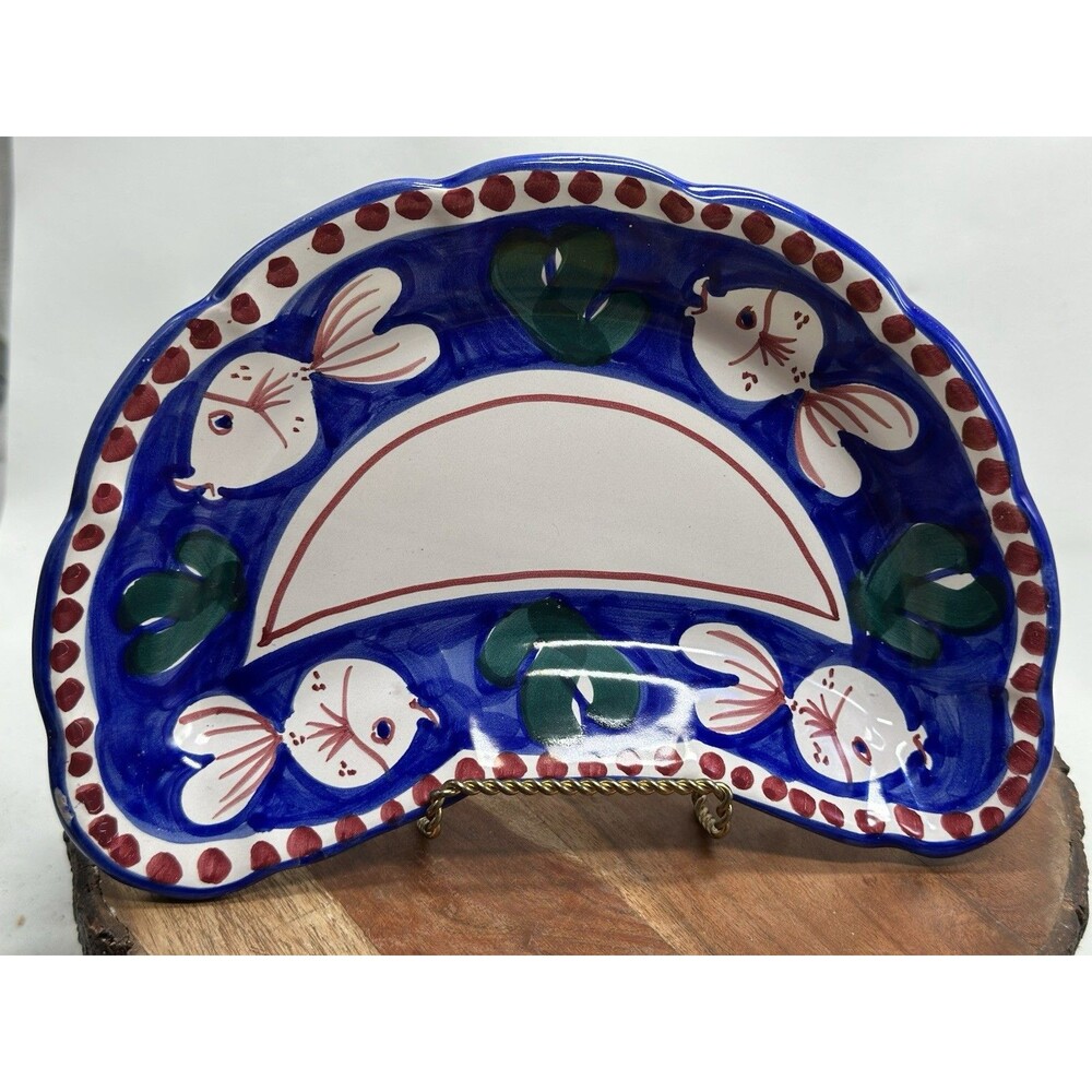 SOLIMENE Vietri Italy Pesce Fish Blue Crescent Plate Terracotta Handmade 9”